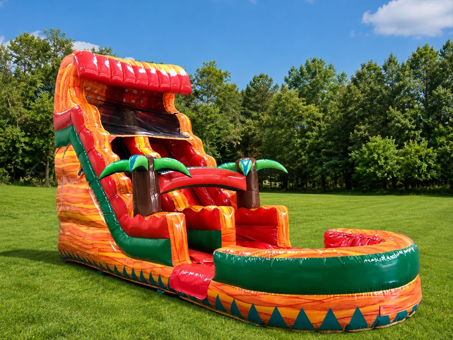18-foot red tropical inflatable water slide set up on grass