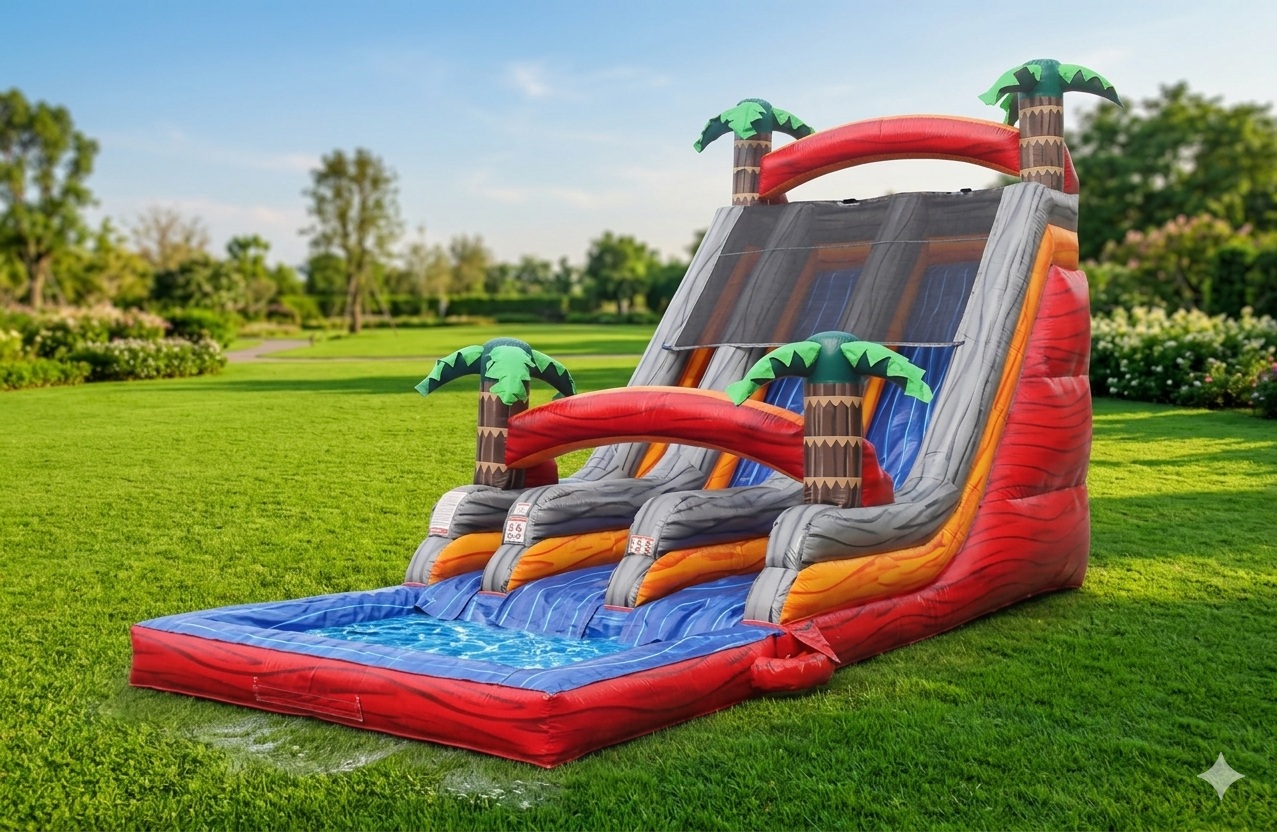 Palm Paradise dual-lane inflatable slide set up outdoors